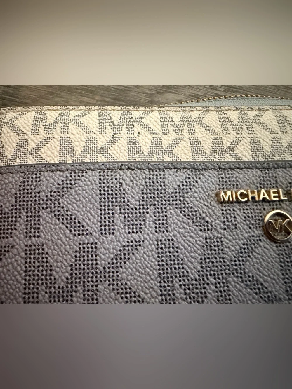 Michael Kors Two-Tone Logo Zip Wallet in Light Blue and White